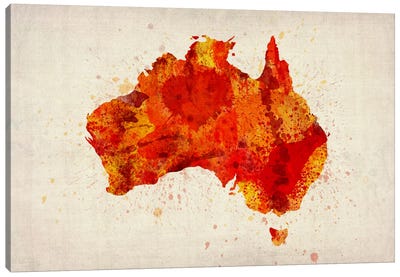 Map of Australia (Red) Paint Splashes Canvas Art Print - Australia Art