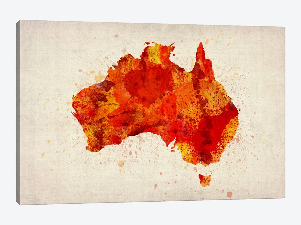 Map of Australia (Red) Paint Splashes by Michael Tompsett 1-piece Canvas Print