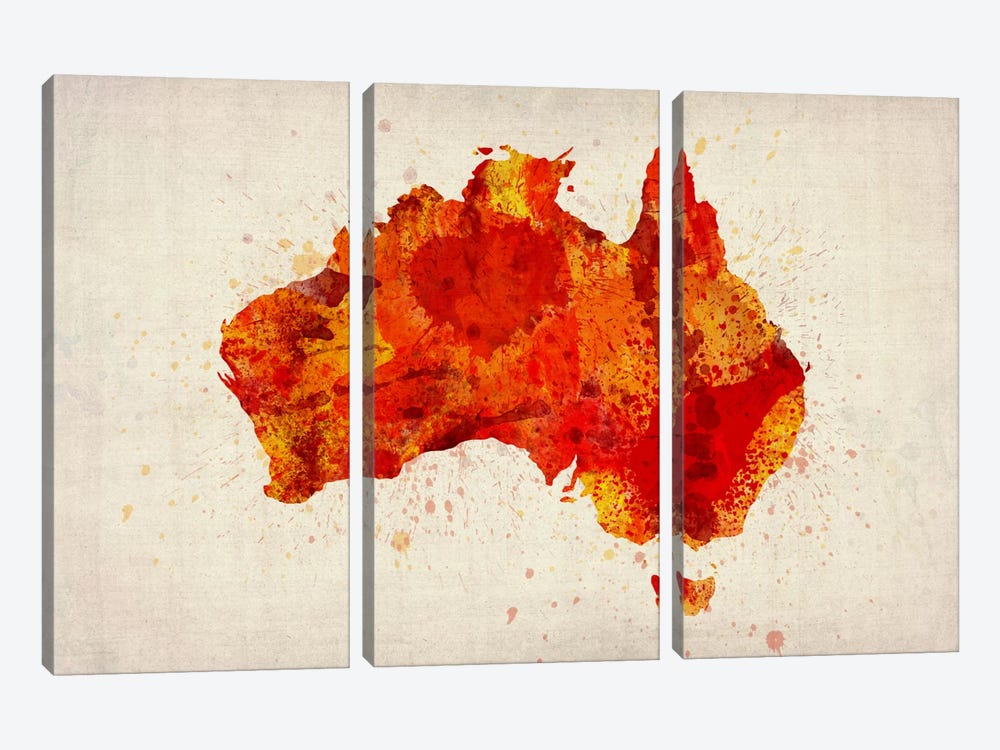 Map of Australia (Red) Paint Splashes by Michael Tompsett 3-piece Canvas Art Print