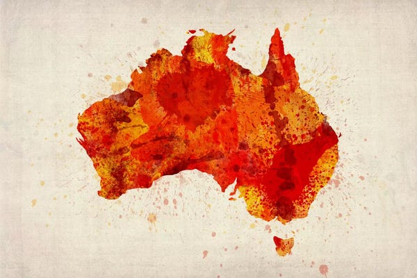 Abstract Watercolors: Map of Australia (Red) Paint Splashes by Michael Tompsett