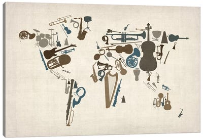 Musical Instruments Map of the World Canvas Art Print - 3-Piece Map Art