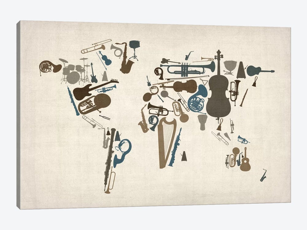 Musical Instruments Map of the World by Michael Tompsett 1-piece Canvas Art