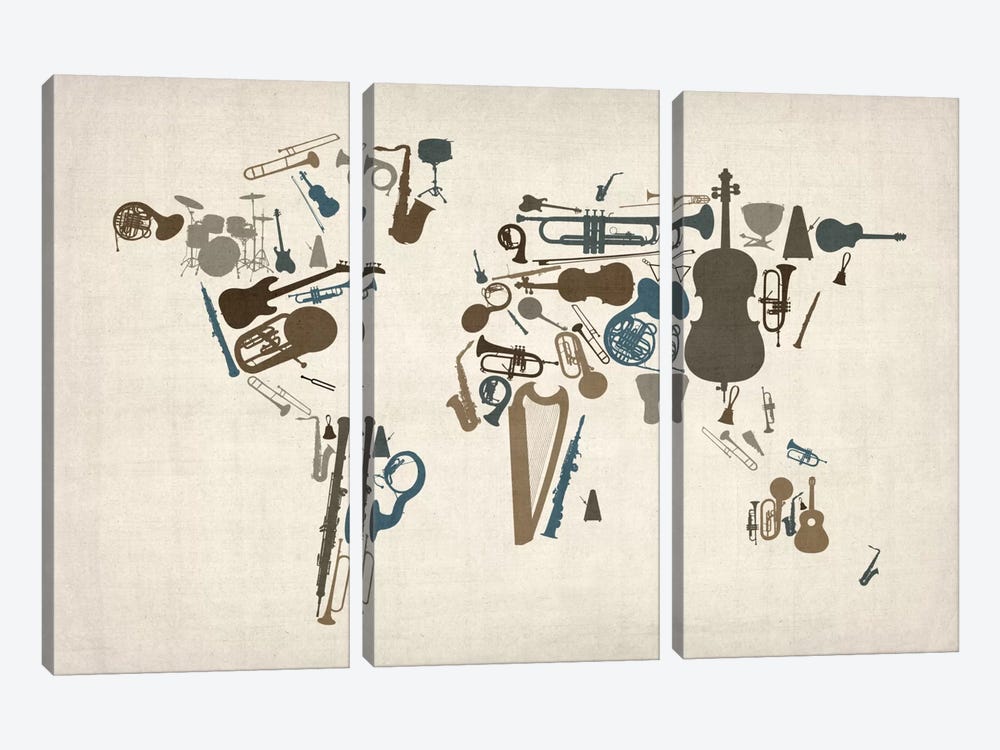 Musical Instruments Map of the World by Michael Tompsett 3-piece Canvas Art