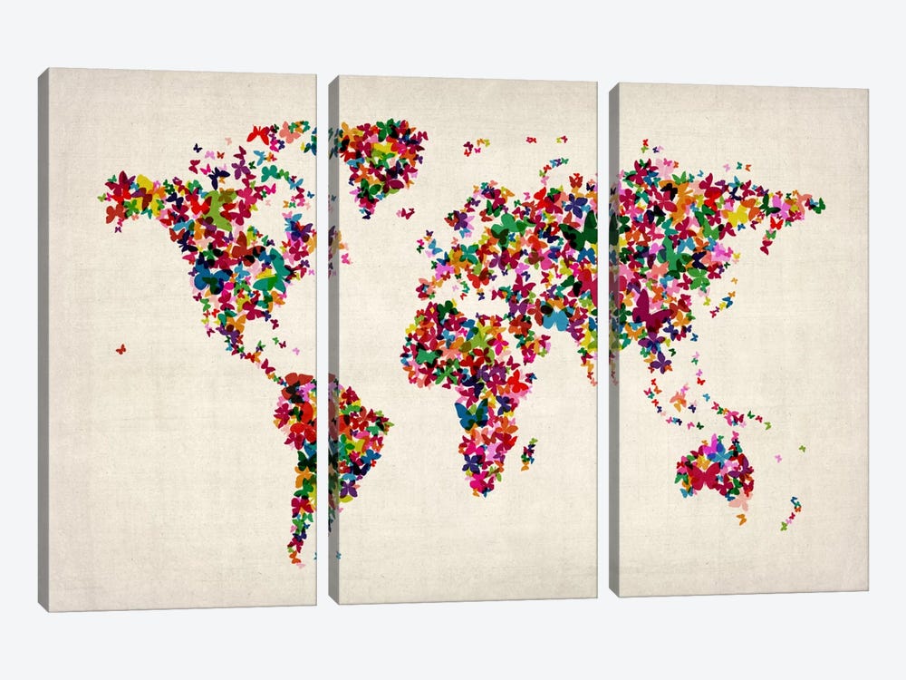 Butterflies World Map II by Michael Tompsett 3-piece Canvas Art Print
