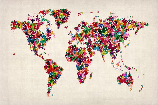 Large Map Art - Canvas Prints: Butterflies World Map II by Michael Tompsett