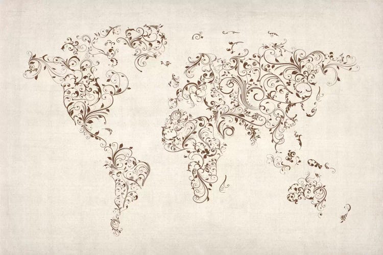 Map of the World Map Floral Swirls by Michael Tompsett wall art