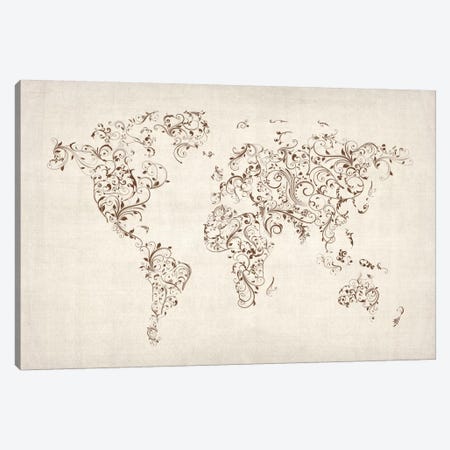 Map of the World Map Floral Swirls Canvas Print #8907} by Michael Tompsett Canvas Art