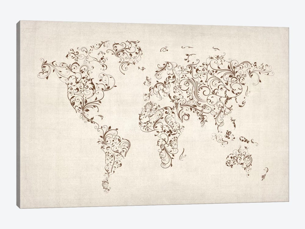 Map of the World Map Floral Swirls by Michael Tompsett 1-piece Canvas Wall Art