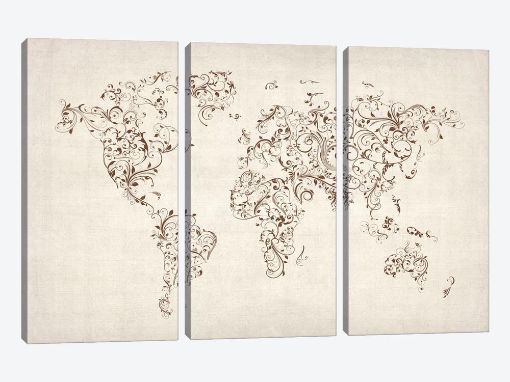 Map of the World Map Floral Swirls by Michael Tompsett 3-piece Canvas Art
