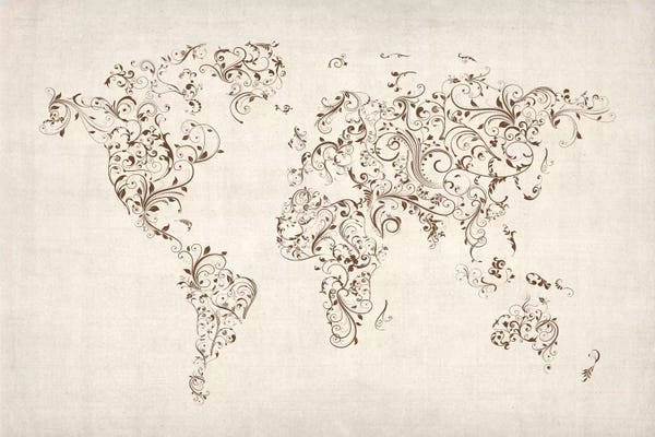 Globes: Map of the World Map Floral Swirls by Michael Tompsett