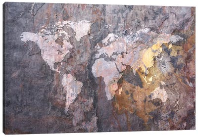 World Map on Stone Background Canvas Art Print - Michael Tompsett