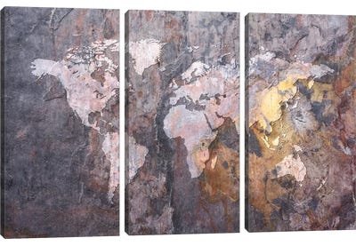 World Map on Stone Background Canvas Art Print - 3-Piece Map Art