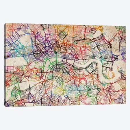 London Map Watercolor Canvas Print #8910} by Michael Tompsett Canvas Wall Art