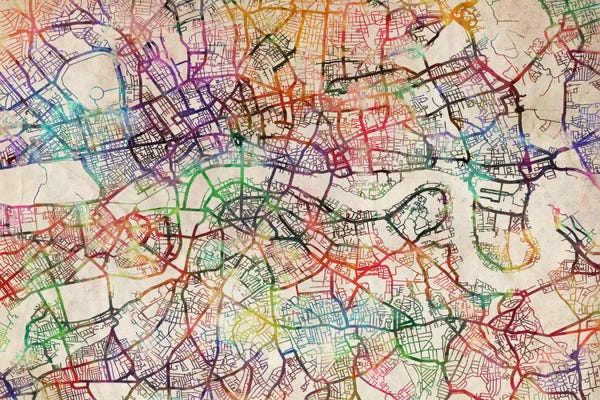 London Maps: London Map Watercolor by Michael Tompsett