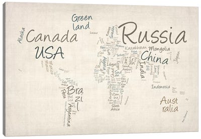 World Map in Words II Canvas Art Print - Minimalist Maps