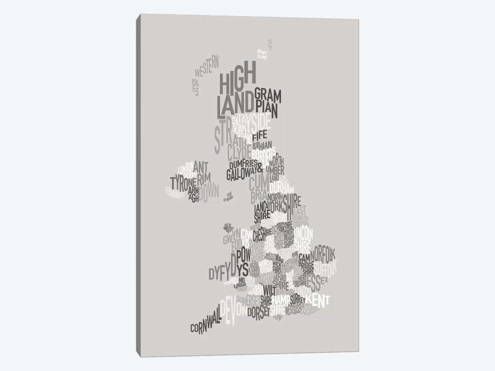 Great Britain County Text Map by Michael Tompsett 1-piece Canvas Artwork