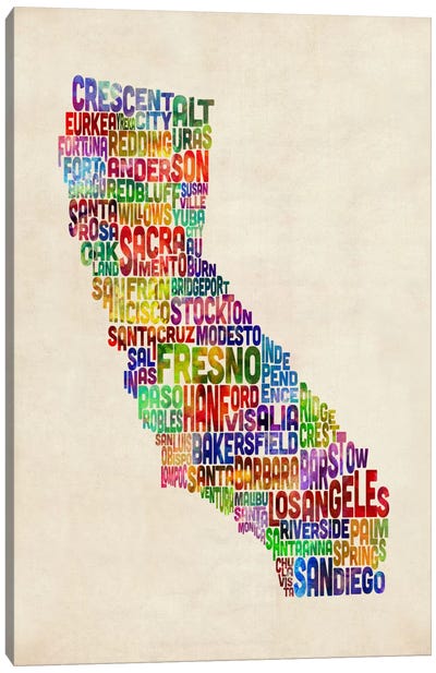 California Typography Text Map Canvas Art Print - USA Maps