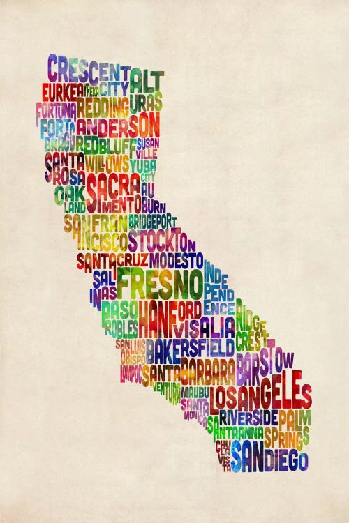 California Typography Text Map by Michael Tompsett wall art