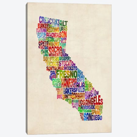 California Typography Text Map Canvas Print #8915} by Michael Tompsett Art Print