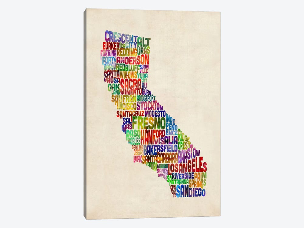 California Typography Text Map by Michael Tompsett 1-piece Canvas Print