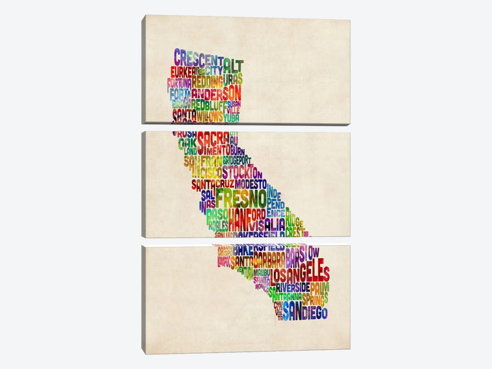 California Typography Text Map by Michael Tompsett 3-piece Canvas Art Print