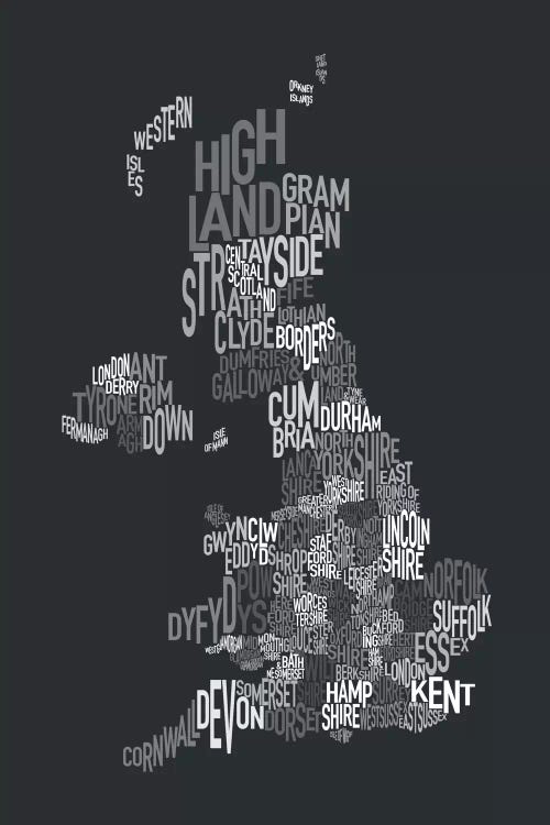 Great Britain UK County Text Map II