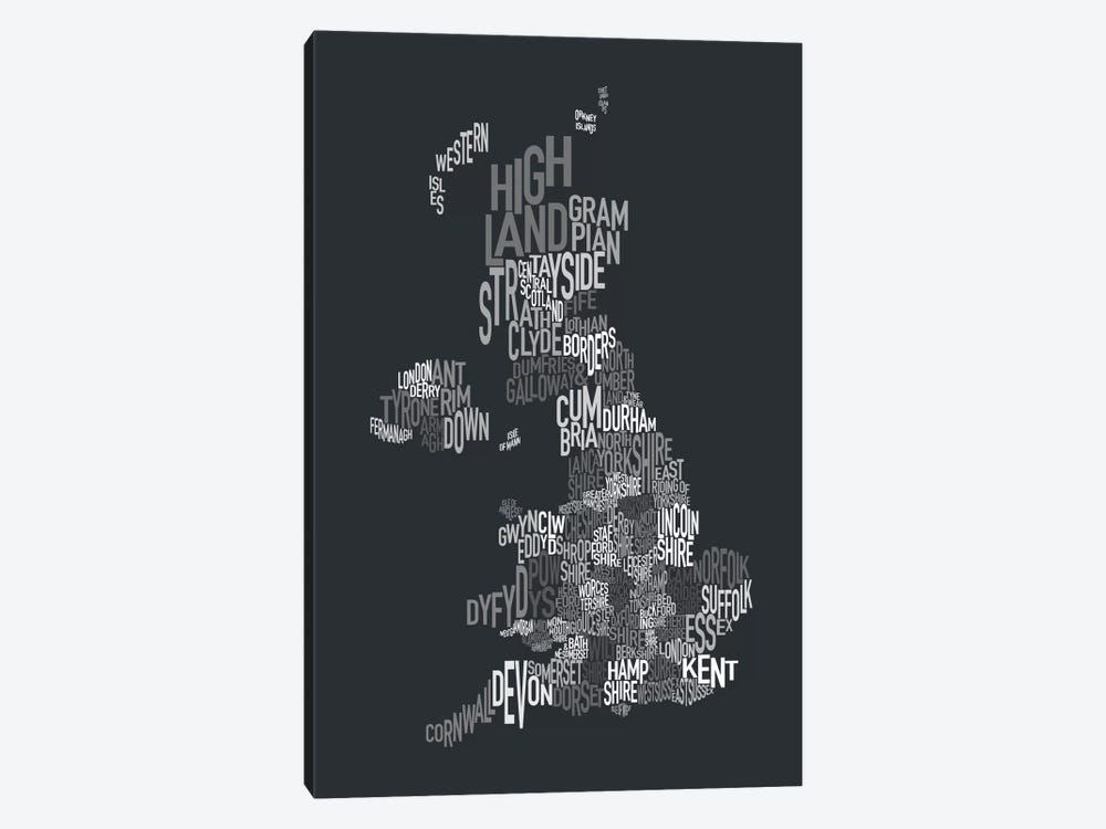 Great Britain UK County Text Map II by Michael Tompsett 1-piece Canvas Artwork