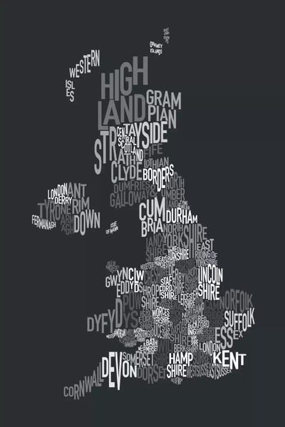 Abstract: Great Britain UK County Text Map II by Michael Tompsett