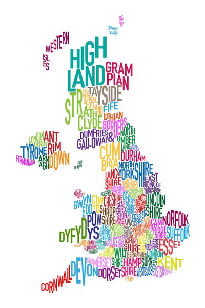 Abstract: Great Britain County Text Map III by Michael Tompsett