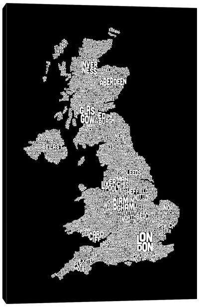 Great Britain Cities Text Map II Canvas Art Print - Black & White Graphics & Illustrations