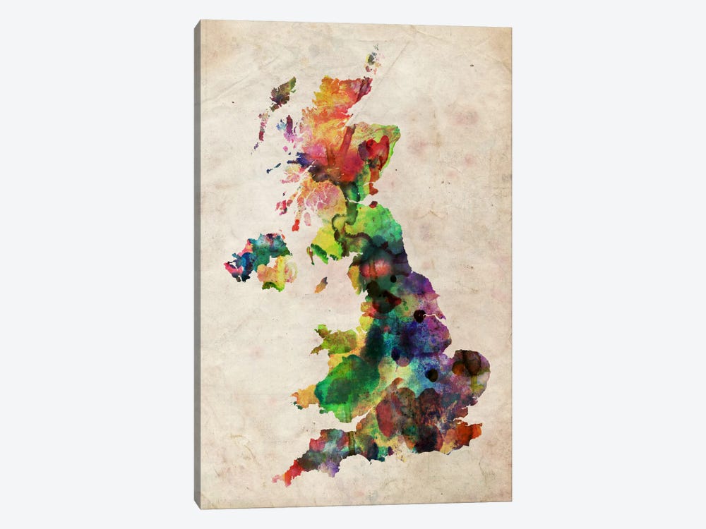 United Kingdom Watercolor Map by Michael Tompsett 1-piece Canvas Artwork