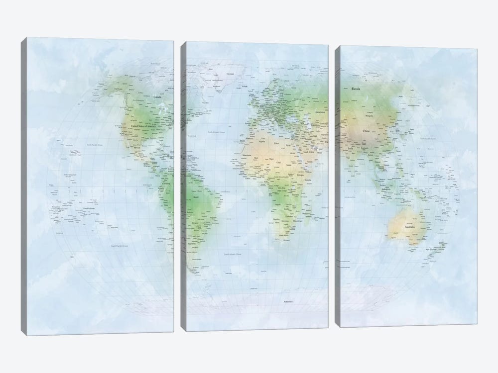 World Map III by Michael Tompsett 3-piece Canvas Print