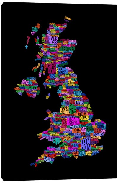 Great Britain UK City Text Map (Black) Canvas Art Print - Green Art
