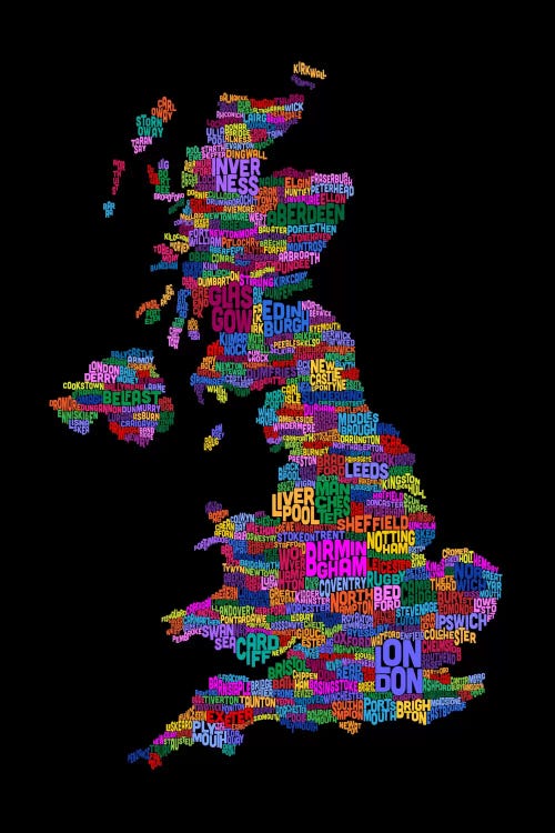 Great Britain UK City Text Map (Black)