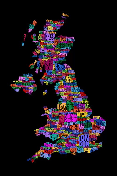 Text Map On Black Great Britain UK City by Michael Tompsett wall art