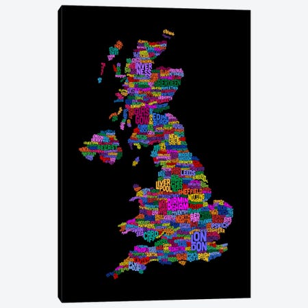 Great Britain UK City Text Map (Black) Canvas Print #8932} by Michael Tompsett Canvas Artwork