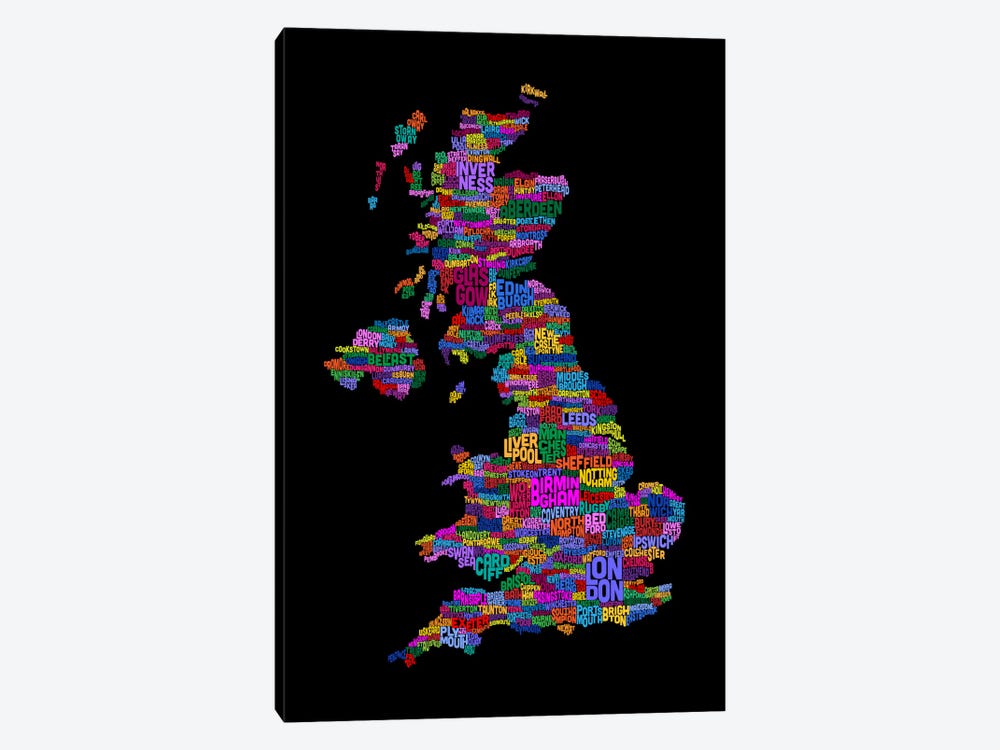 Great Britain UK City Text Map (Black) by Michael Tompsett 1-piece Canvas Artwork
