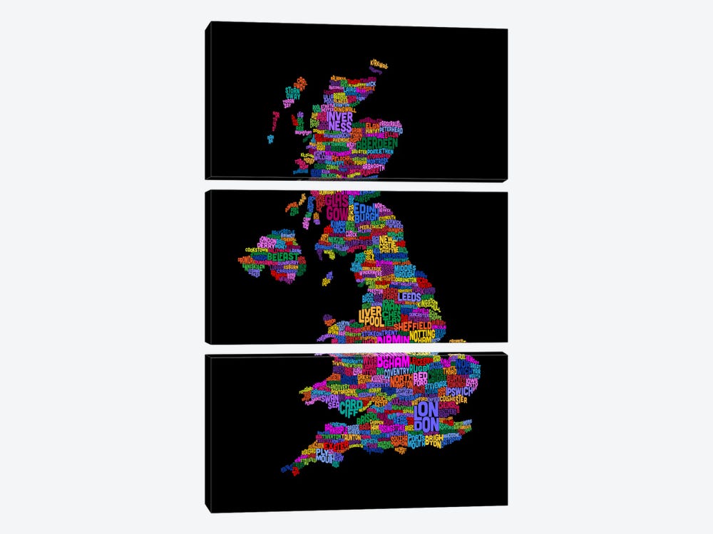 Great Britain UK City Text Map (Black) by Michael Tompsett 3-piece Canvas Art