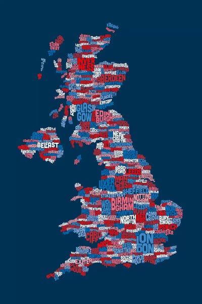 Text Map On Blue Great Britain UK City by Michael Tompsett multi panel art