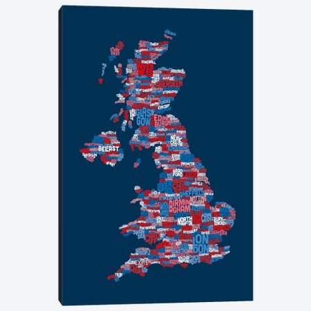 Great Britain UK City Text Map (Blue) Canvas Print #8933} by Michael Tompsett Canvas Wall Art