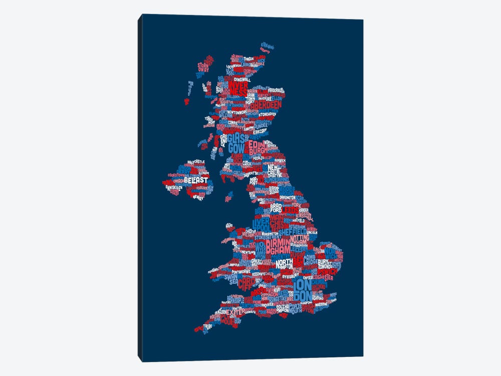 Great Britain UK City Text Map (Blue) by Michael Tompsett 1-piece Canvas Art Print