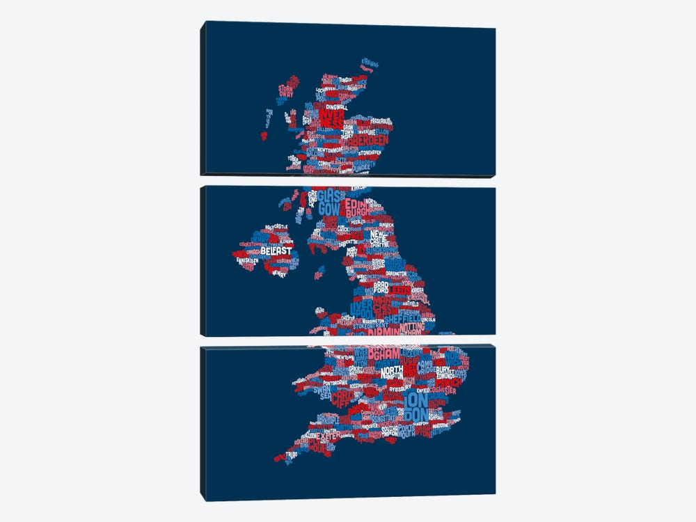 Great Britain UK City Text Map (Blue) by Michael Tompsett 3-piece Art Print