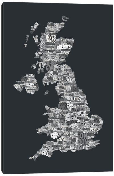 Great Britain UK City Text Map (Gray) Canvas Art Print - Black & White Graphics & Illustrations