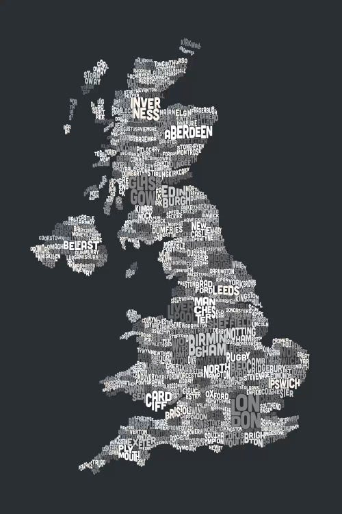 Great Britain UK City Text Map (Gray)