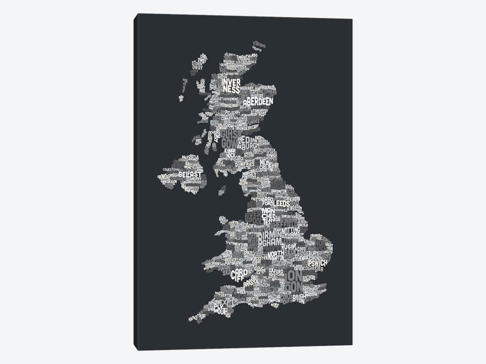 Great Britain UK City Text Map (Gray) by Michael Tompsett 1-piece Canvas Wall Art
