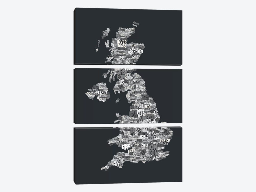 Great Britain UK City Text Map (Gray) by Michael Tompsett 3-piece Canvas Wall Art