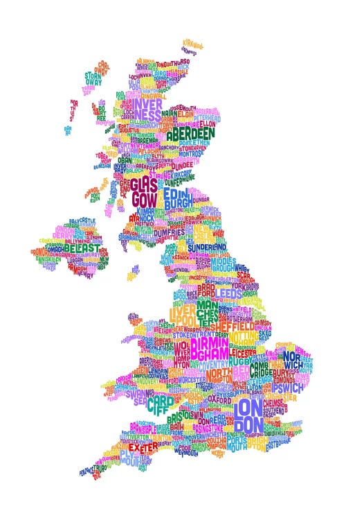 Great Britain UK City Text Map (White)