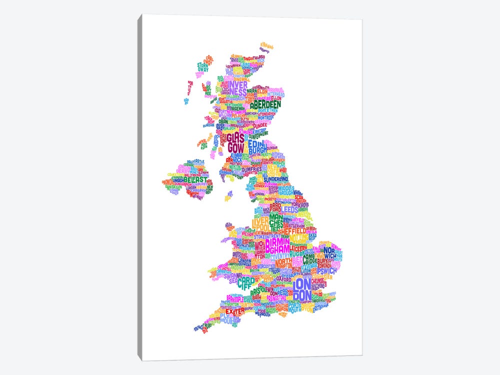 Great Britain UK City Text Map (White) by Michael Tompsett 1-piece Canvas Print