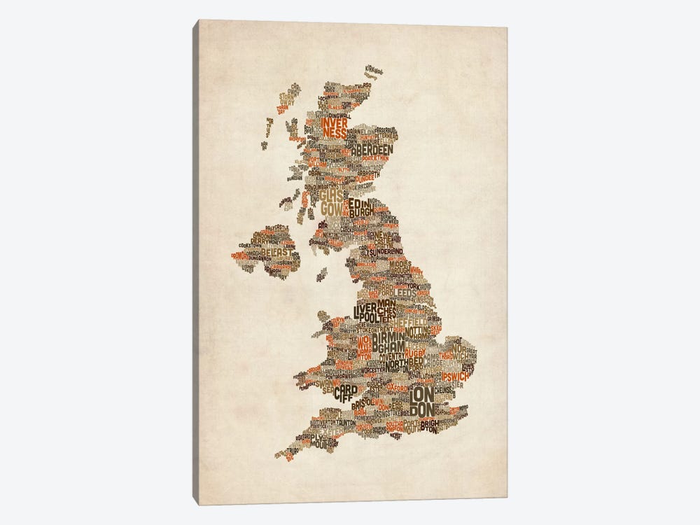 Great Britain UK City Text Map II by Michael Tompsett 1-piece Canvas Artwork
