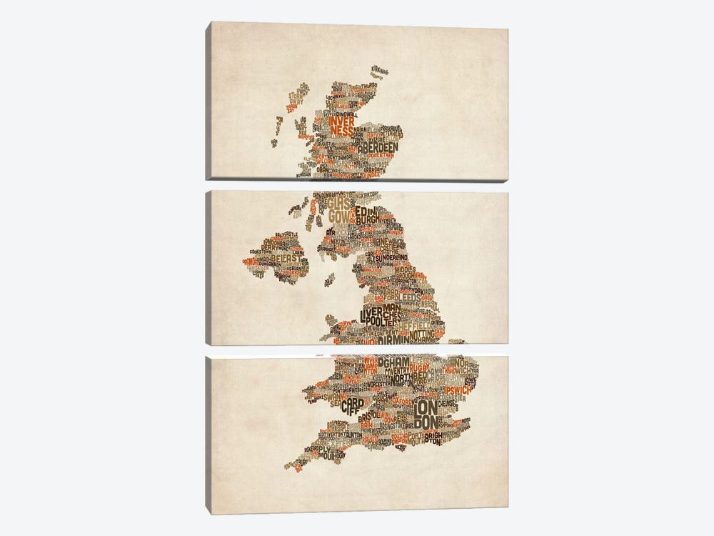 Great Britain UK City Text Map II by Michael Tompsett 3-piece Canvas Artwork